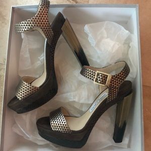 Jimmy Choo dark brown and gold high heels
